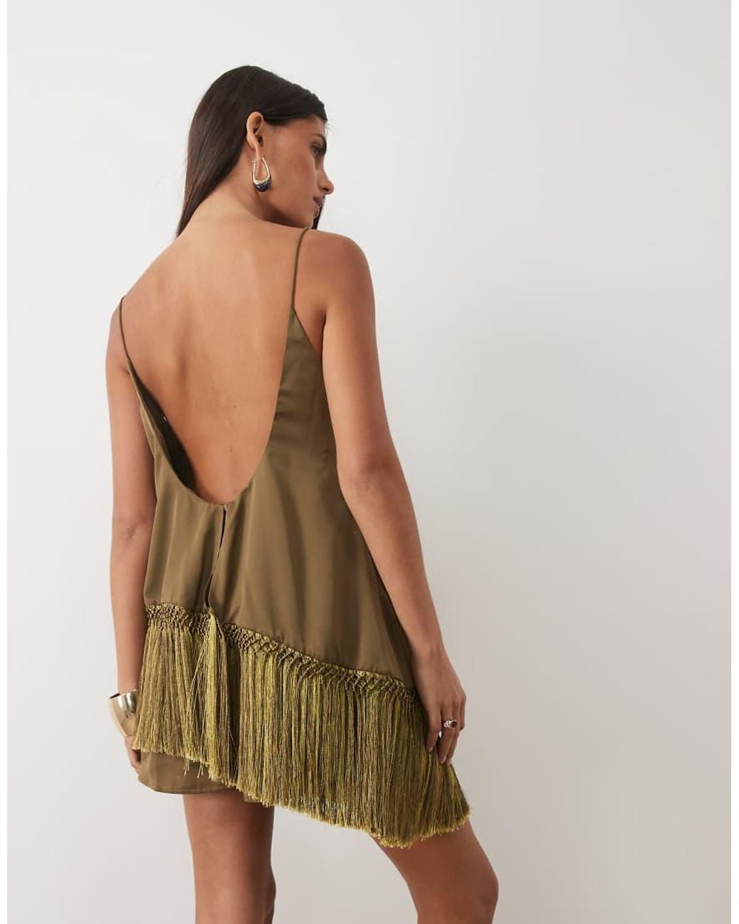 ASOS Green Cami Satin Playsuit With Fringe