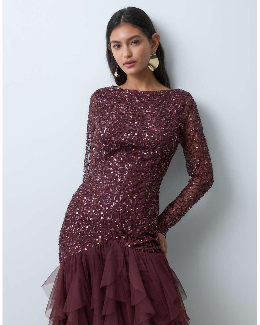 LACE & BEADS Red Embellished Round Neck Drop Waist Ruffle Skirt Maxi Dress