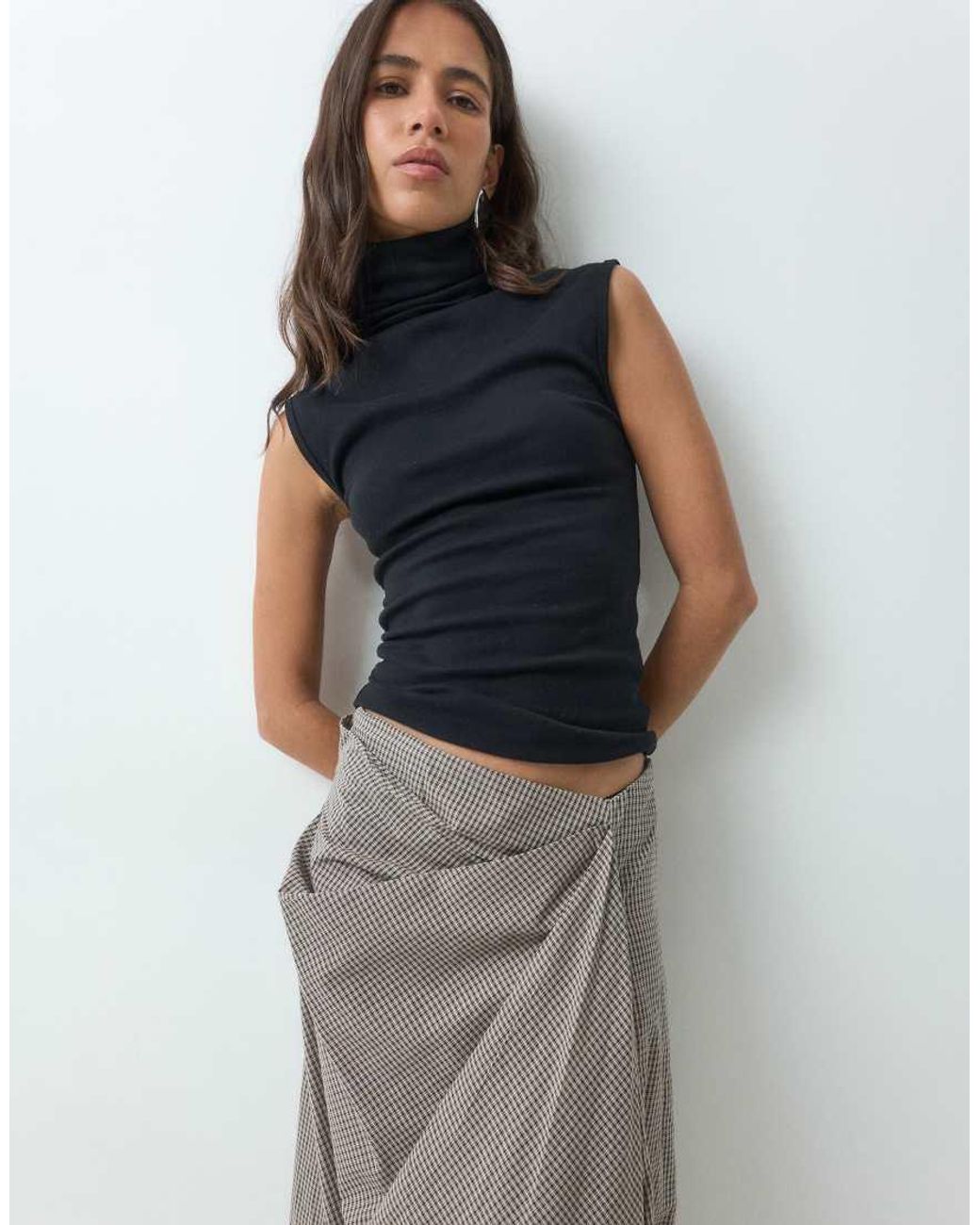 ASOS Natural Hitch Detail Volume Check Midi Skirt