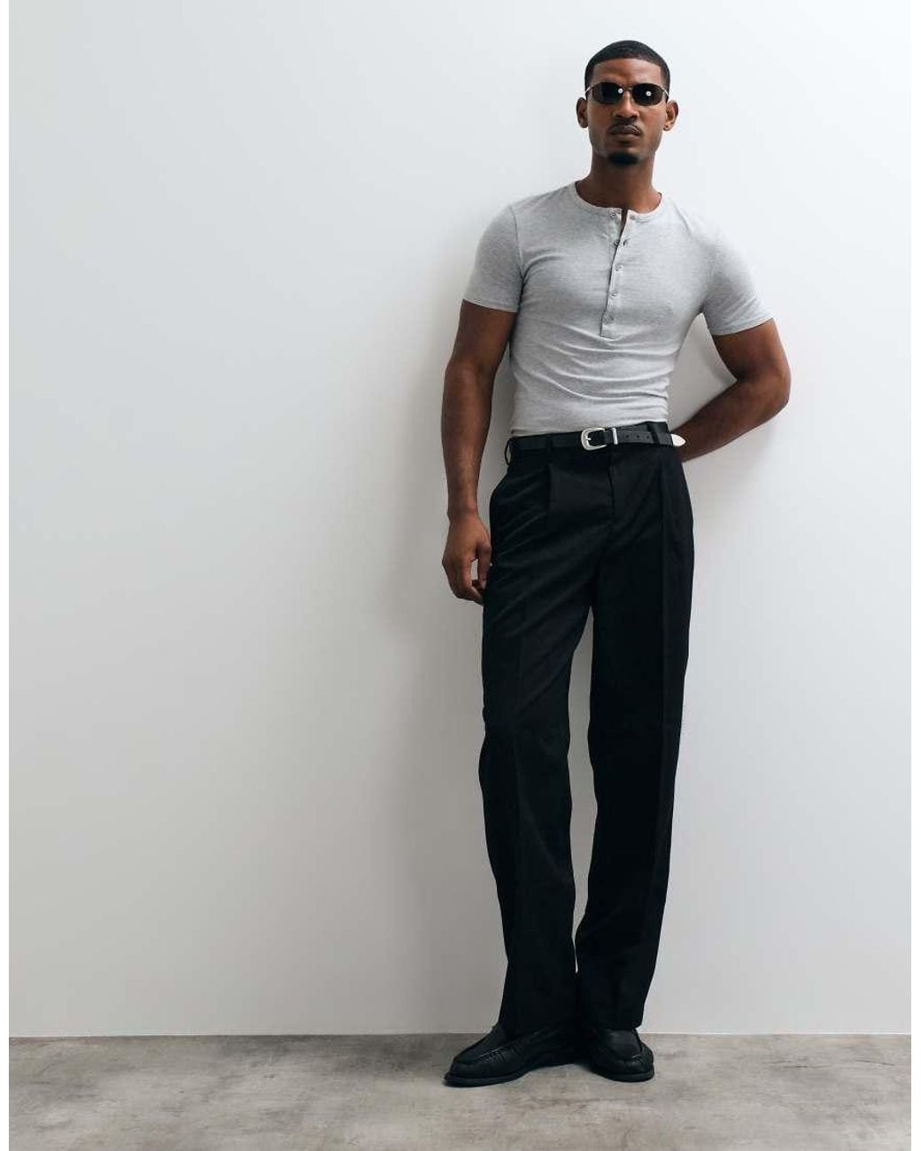 ASOS Gray Muscle Fit Long Sleeve Henley T-Shirt for men