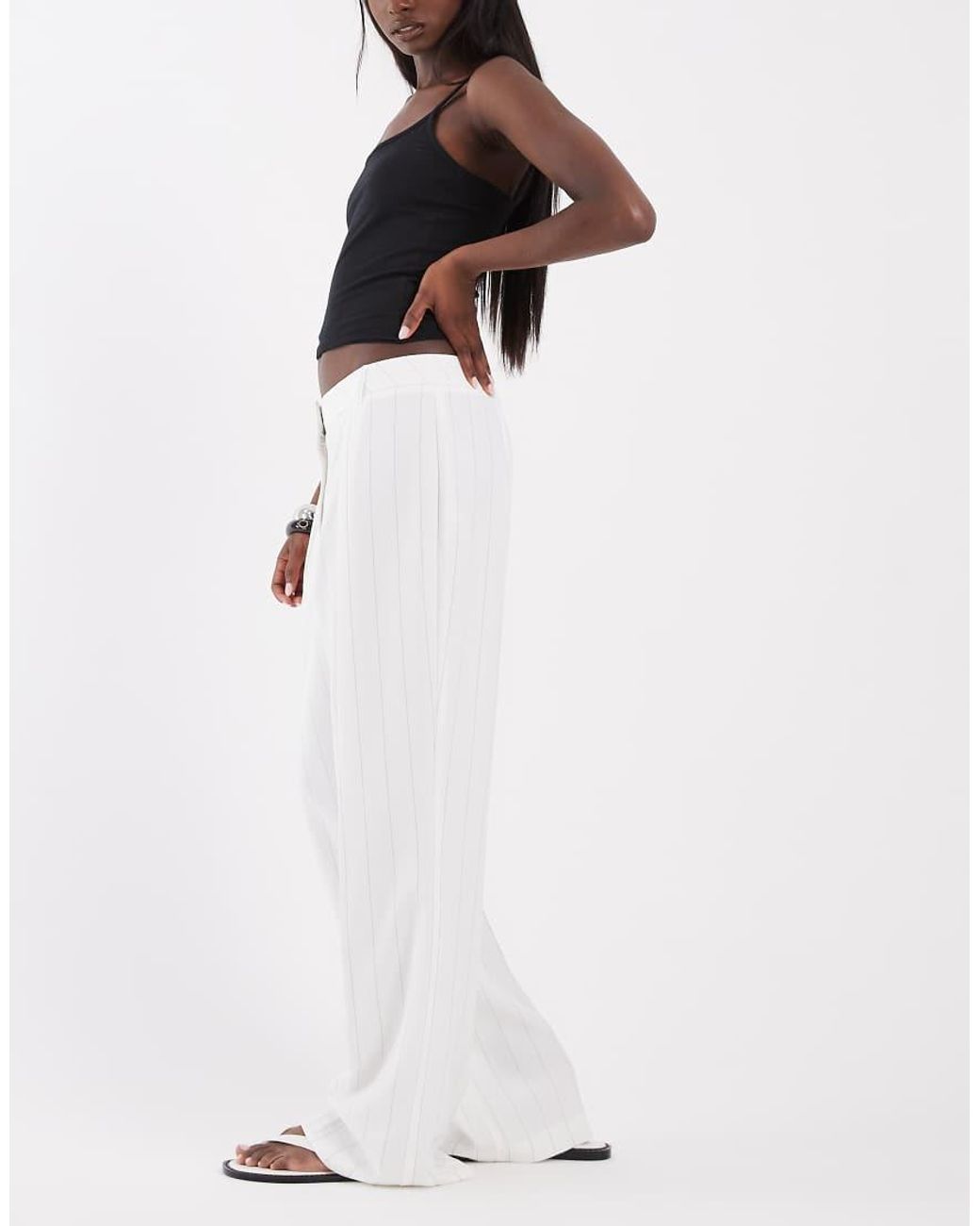 River Island White Pinstriped Wide Leg Tailored Pants