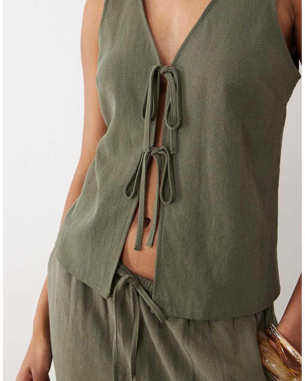 Miss Selfridge Green Linen Look Tie Front Vest