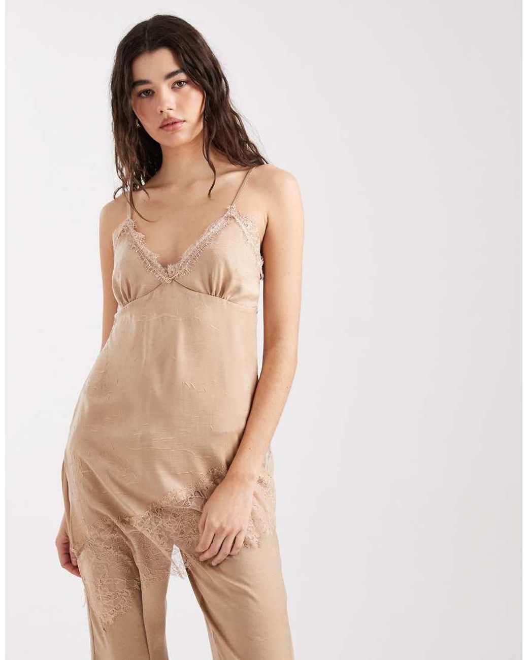 ASOS Natural Crushed Satin Asym Hem Lace Trim Cami
