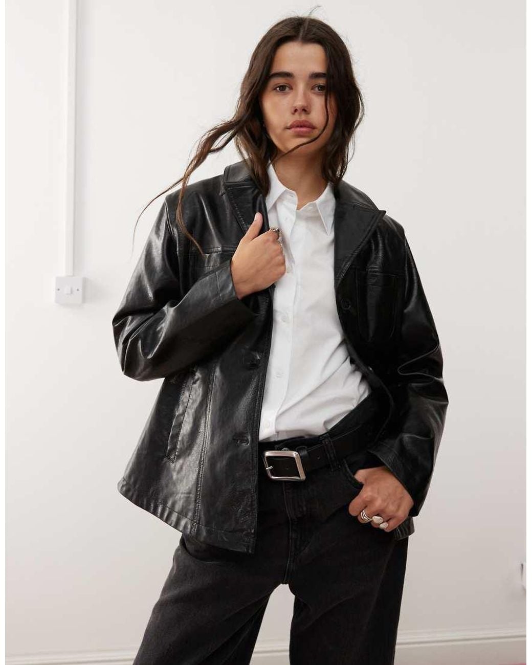 Reclaimed Vintage 90s Washed Leather Look Blazer Coat in Black
