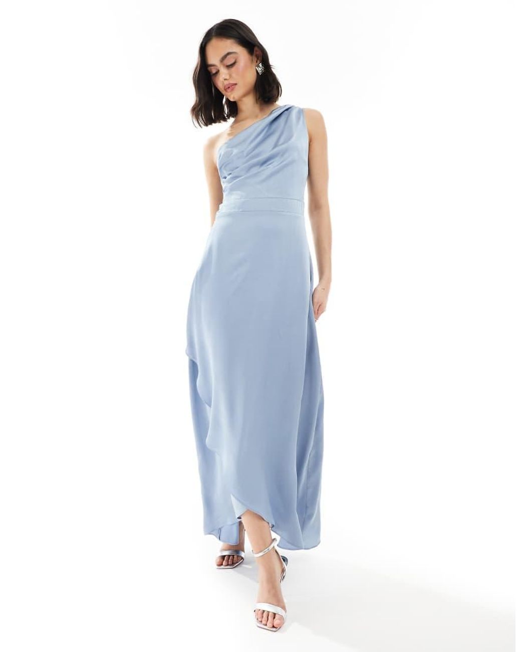 TFNC London Blue Bridesmaid One Shoulder Satin Maxi Dress With Wrap Skirt