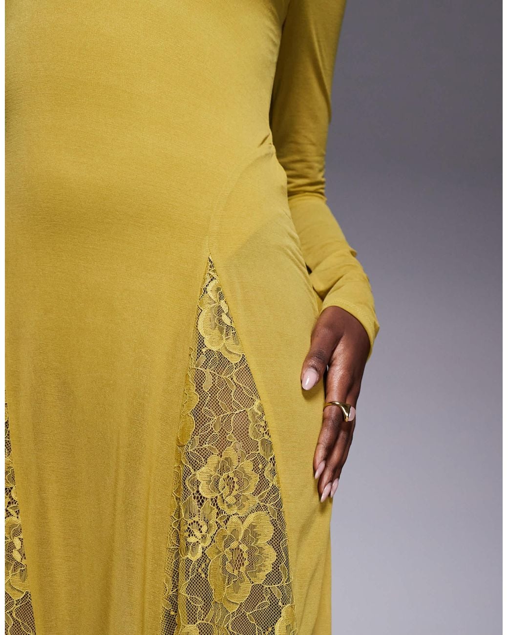 ASOS Metallic Long Sleeve Sheer Maxi Dress With Lace Panel Godets And Bodysuit