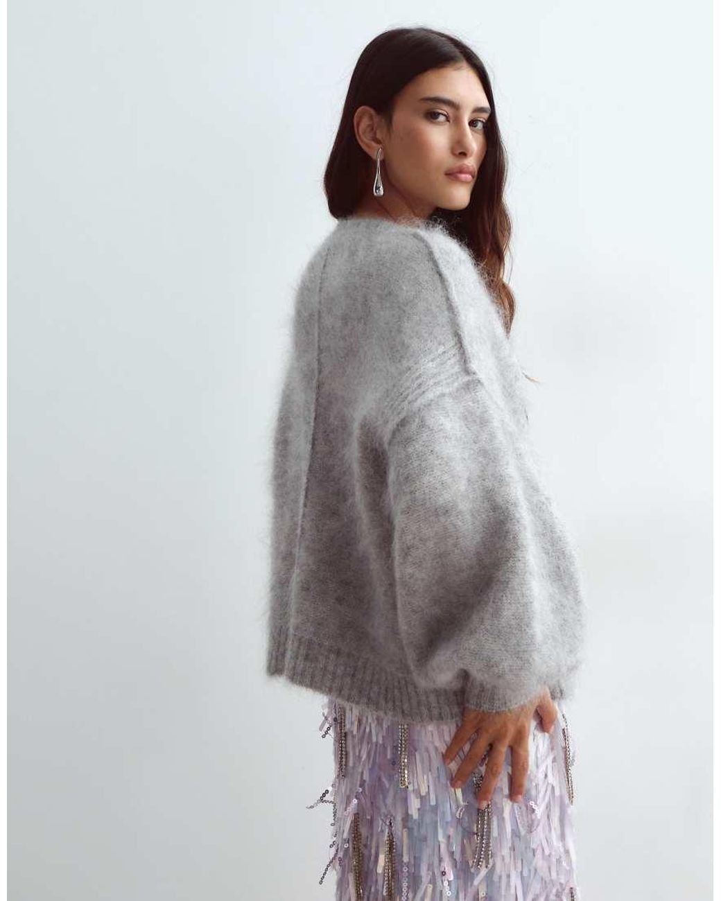 ARRANGE Gray Premium Oversized Mohair Rich V-neck Sweater