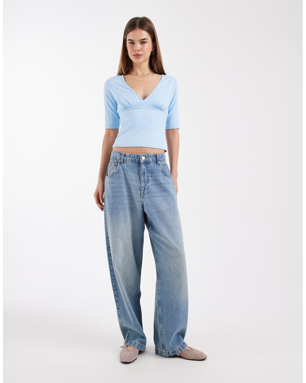 ASOS Blue Polyamide Short Sleeve Plunge Neck Top