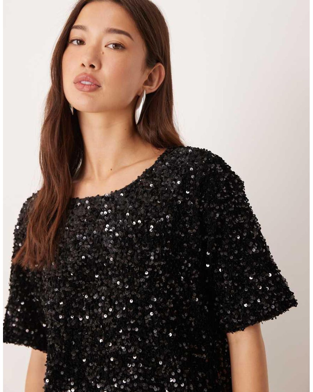 Vila Black Sequin & Velour T-shirt Co-ord