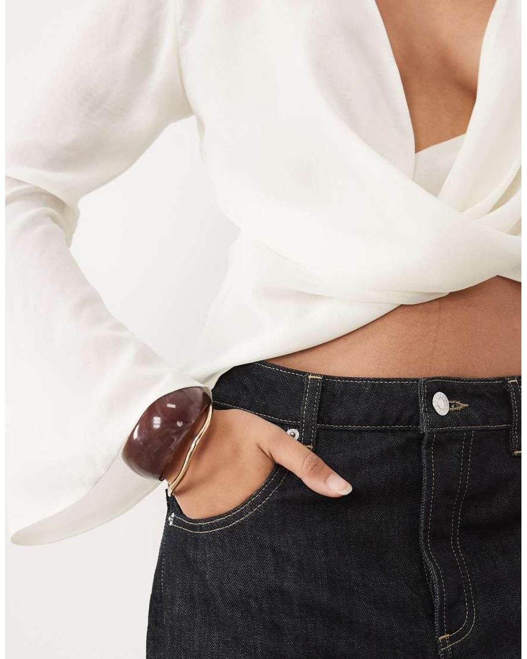 ASOS White Asos Desgin Draped Chiffon Long Sleeve Top