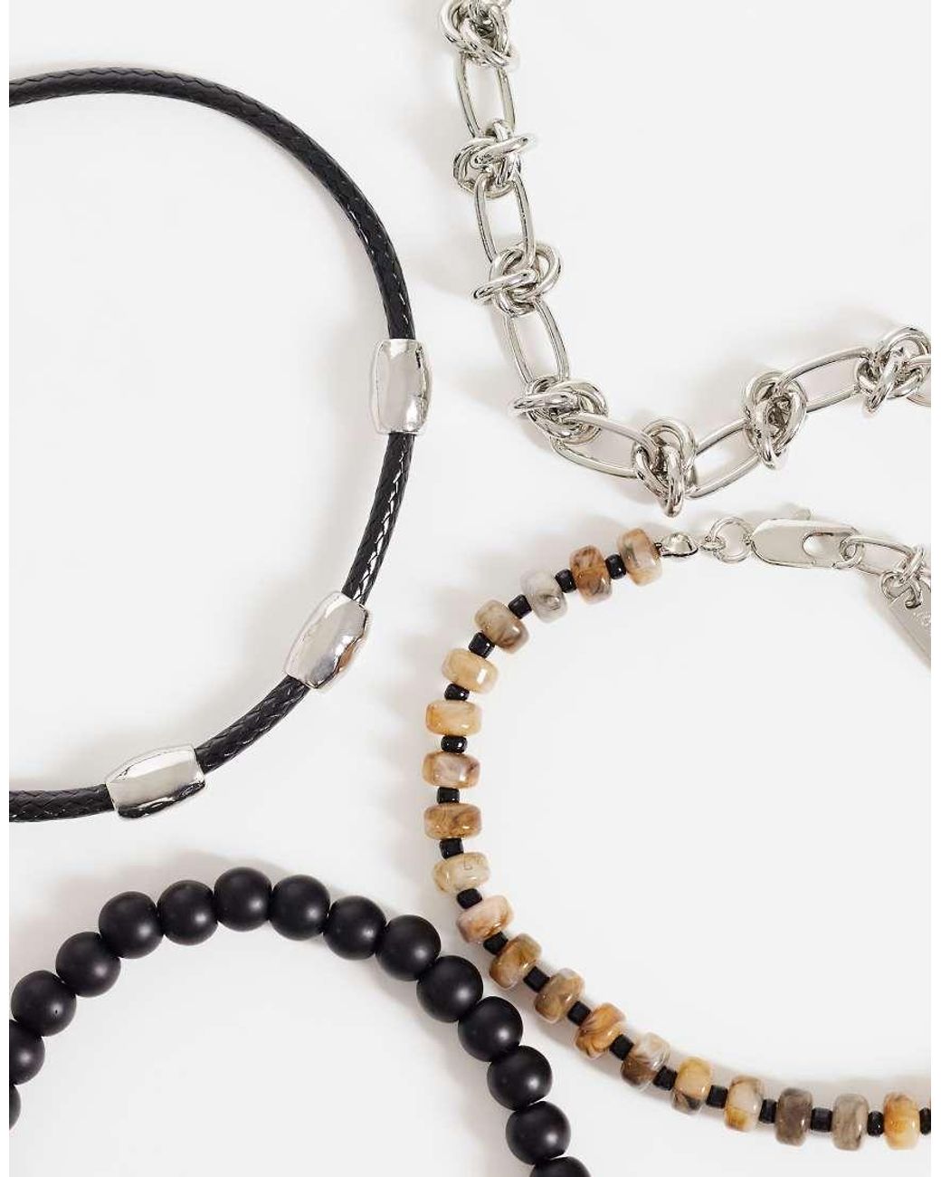 ASOS Gray 4 Pack Black Faux Leather And Beaded Bracelet for men