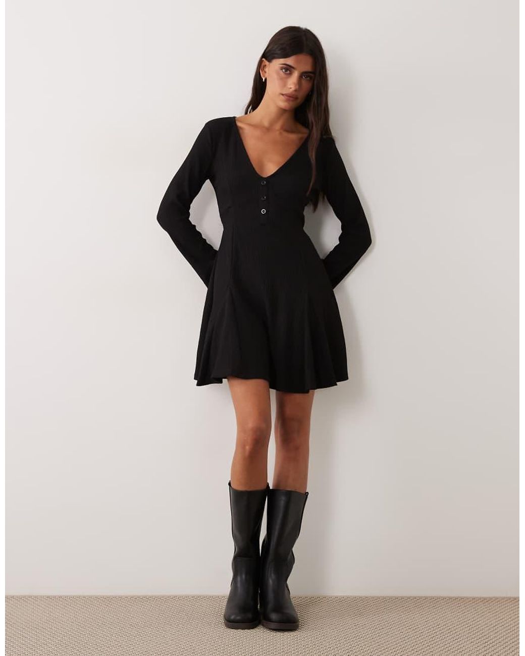 New Look Black Crinkle Flared Sleeve Button Mini Dress