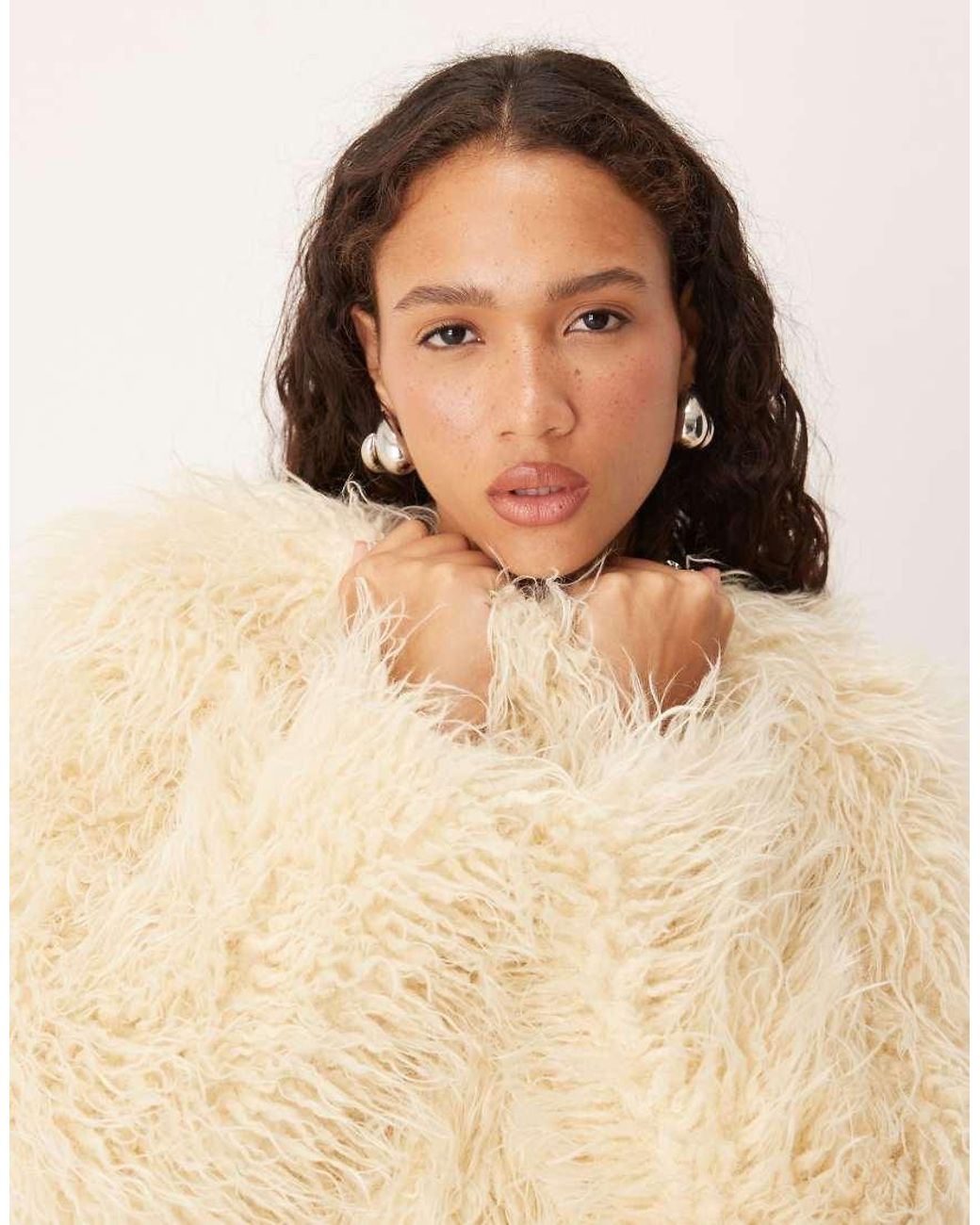 Brave Soul Natural Collarless Short Mongolian Faux Fur Jacket