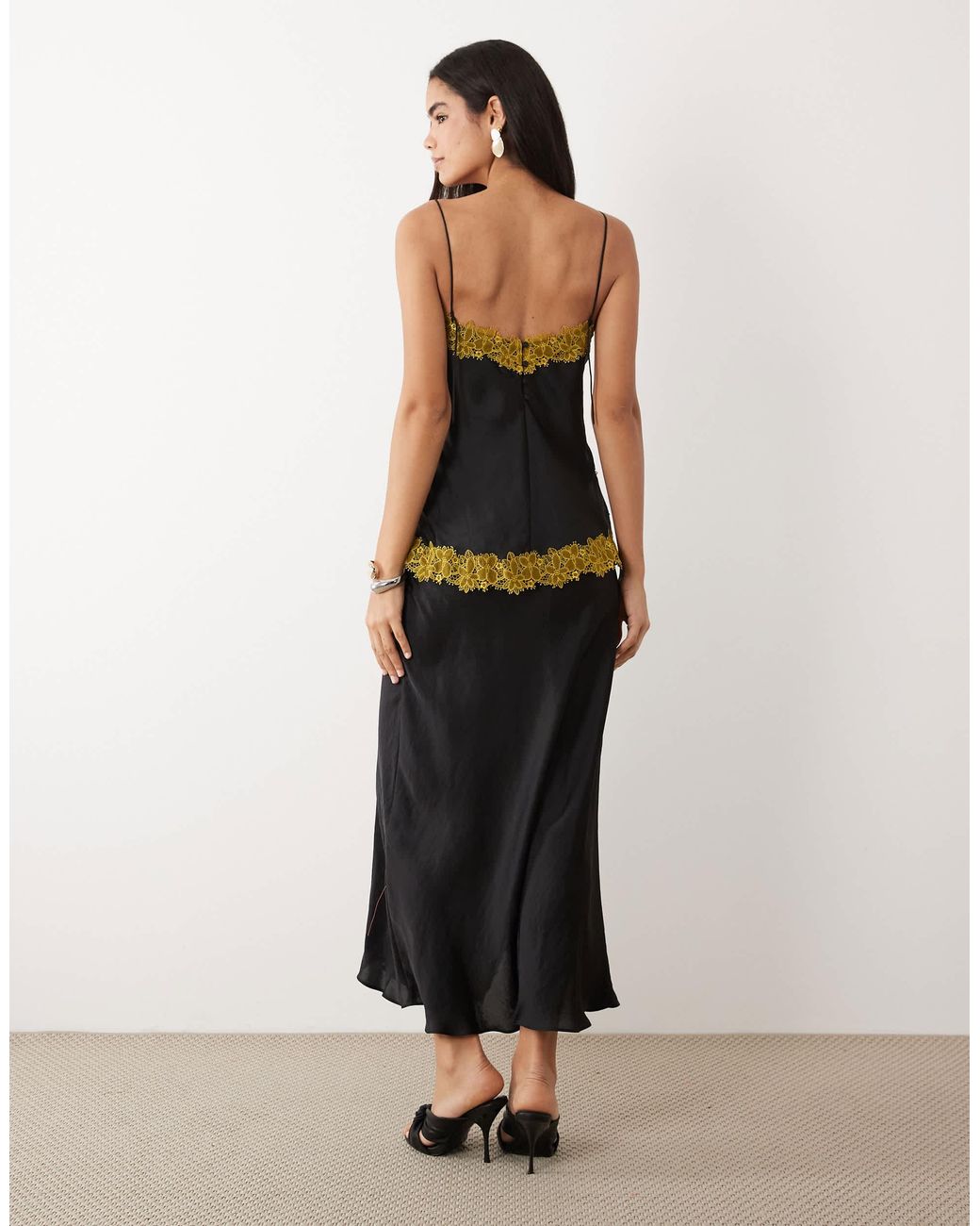ASOS Bias Cut Double Layer Lace Appliqué Satin Maxi Dress in Black