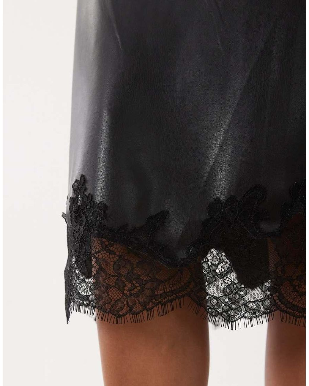 Mango Black Faux Soft Leather Midi Skirt With Lace Trim