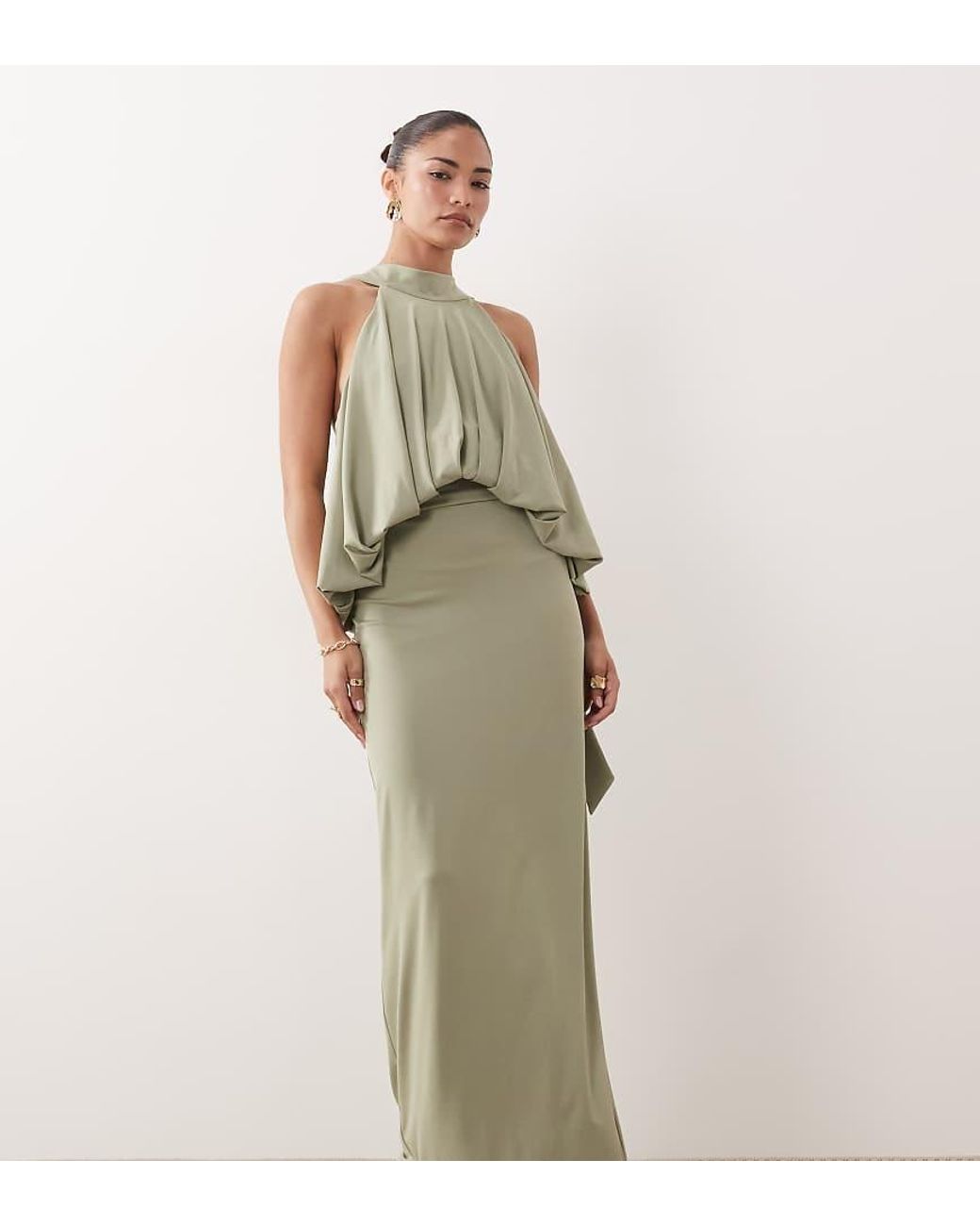 TFNC London Green Slinky High Neck Halter Detail Backless Maxi Dress