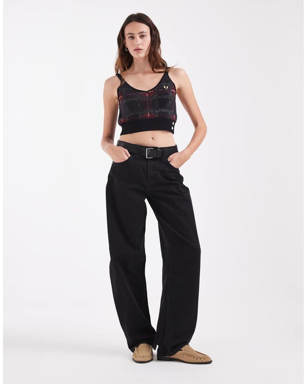 Fred Perry Black F Perry X Amy Winehouse Knitted Tartan Logo Crop Cami Top