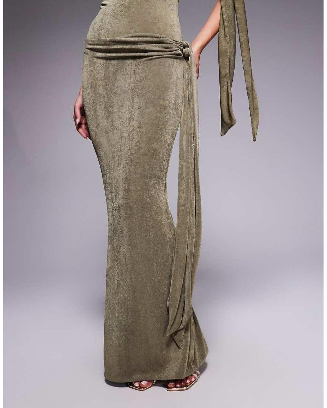Wanderdoll Gray Noa Premium Textured Slinky Drape Tie Side Maxi Skirt
