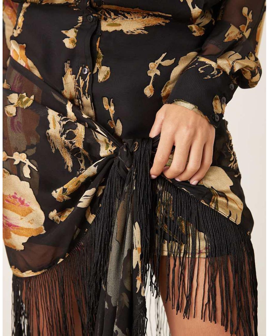 ASOS Natural Mini Shirt Dress With Fringe Skirt