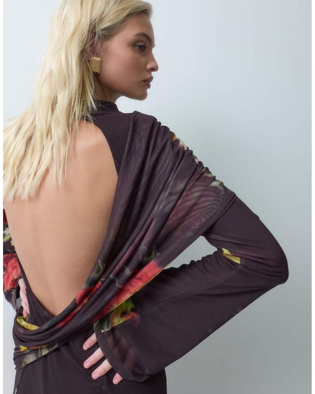 ASOS Multicolor Draped High Neck Printed Floral Mesh Maxi Dress With Open Back Detail