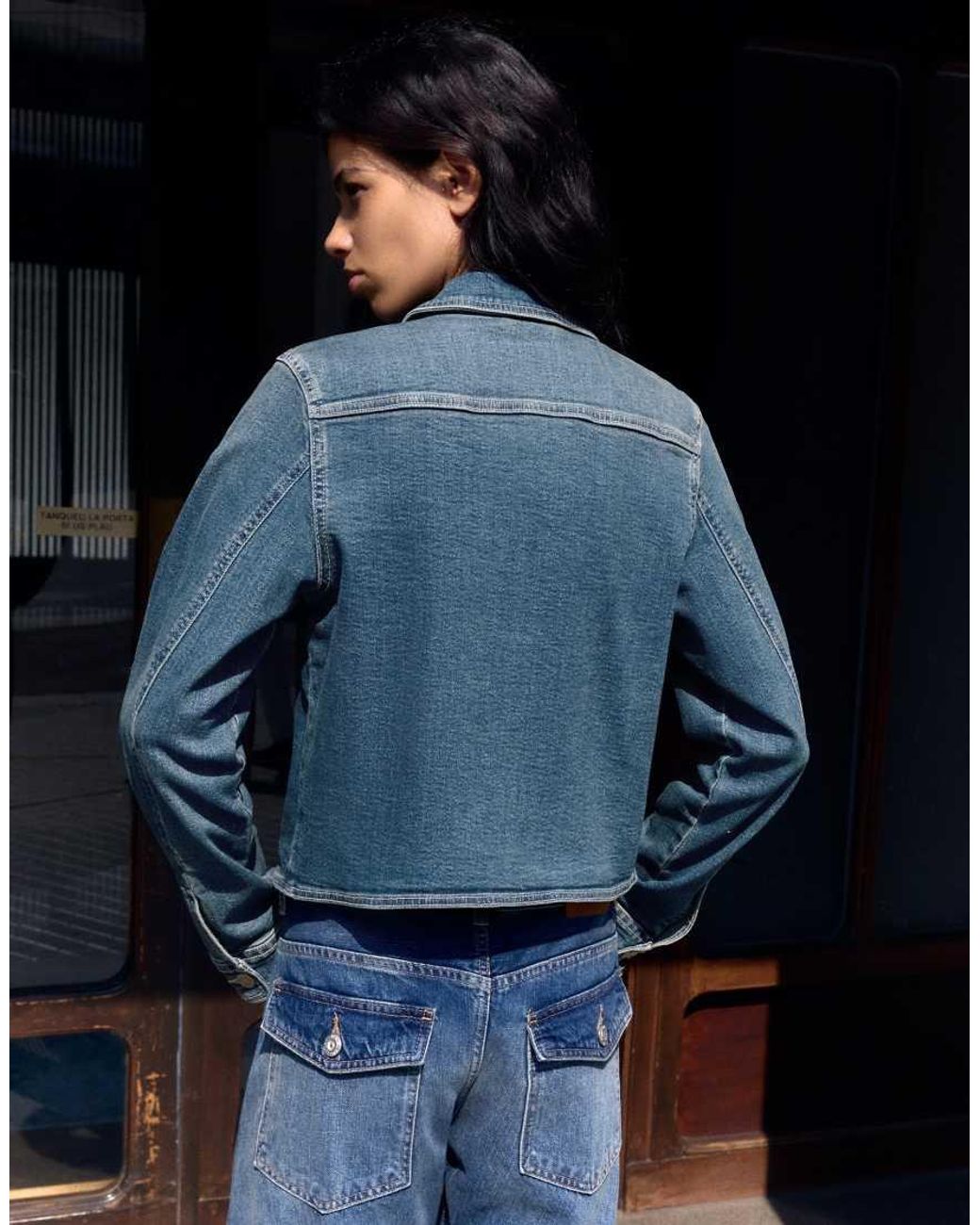 Bershka Blue Asymmetric Fitted Denim Jacket