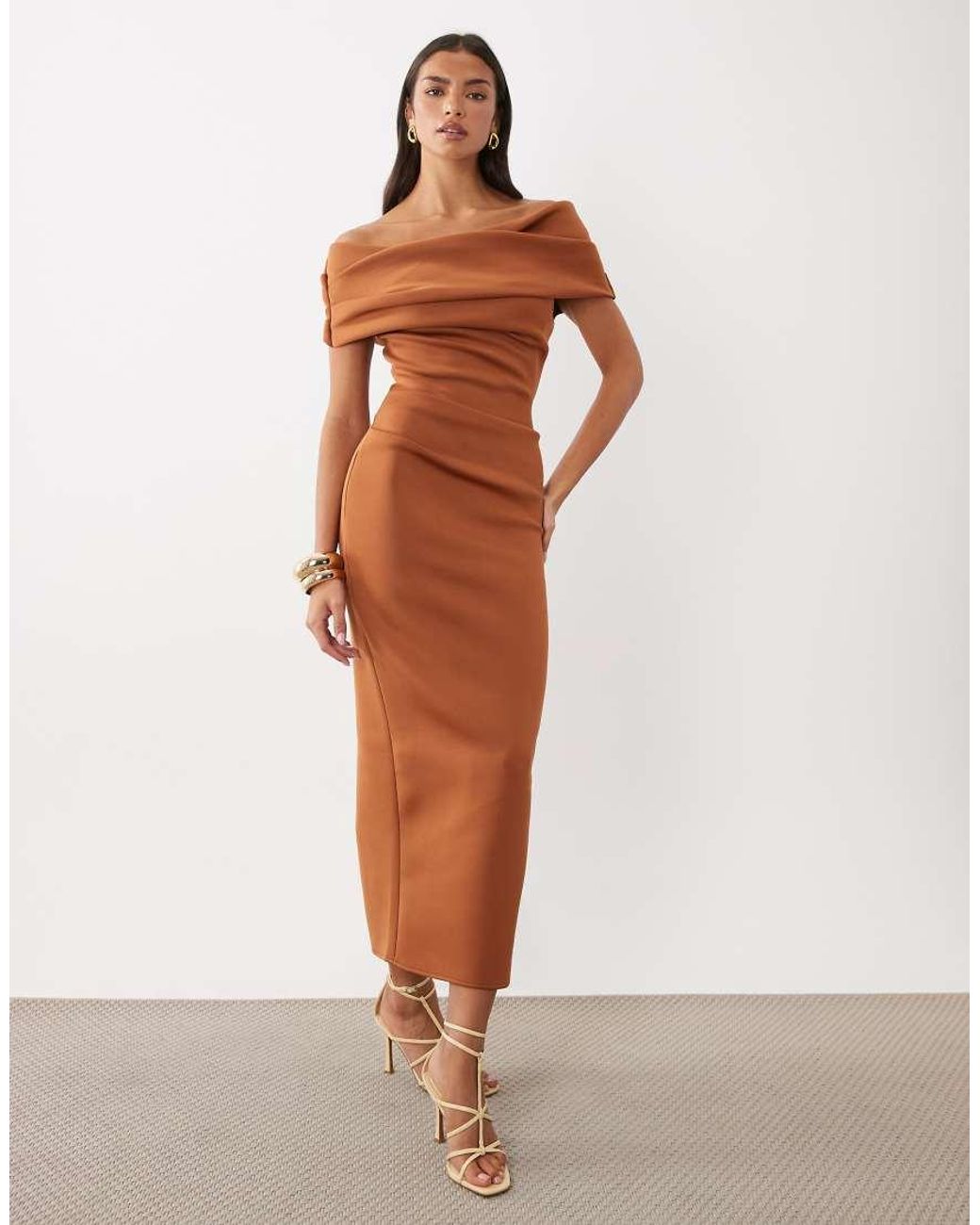 ASOS Orange Bardot Midi Dress With Split
