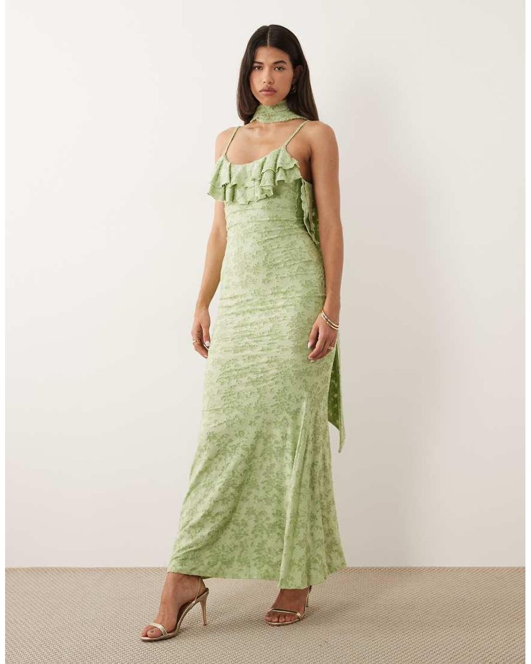 ASOS Green Devore Frill Neckline Maxi Dress With Scarf Detail