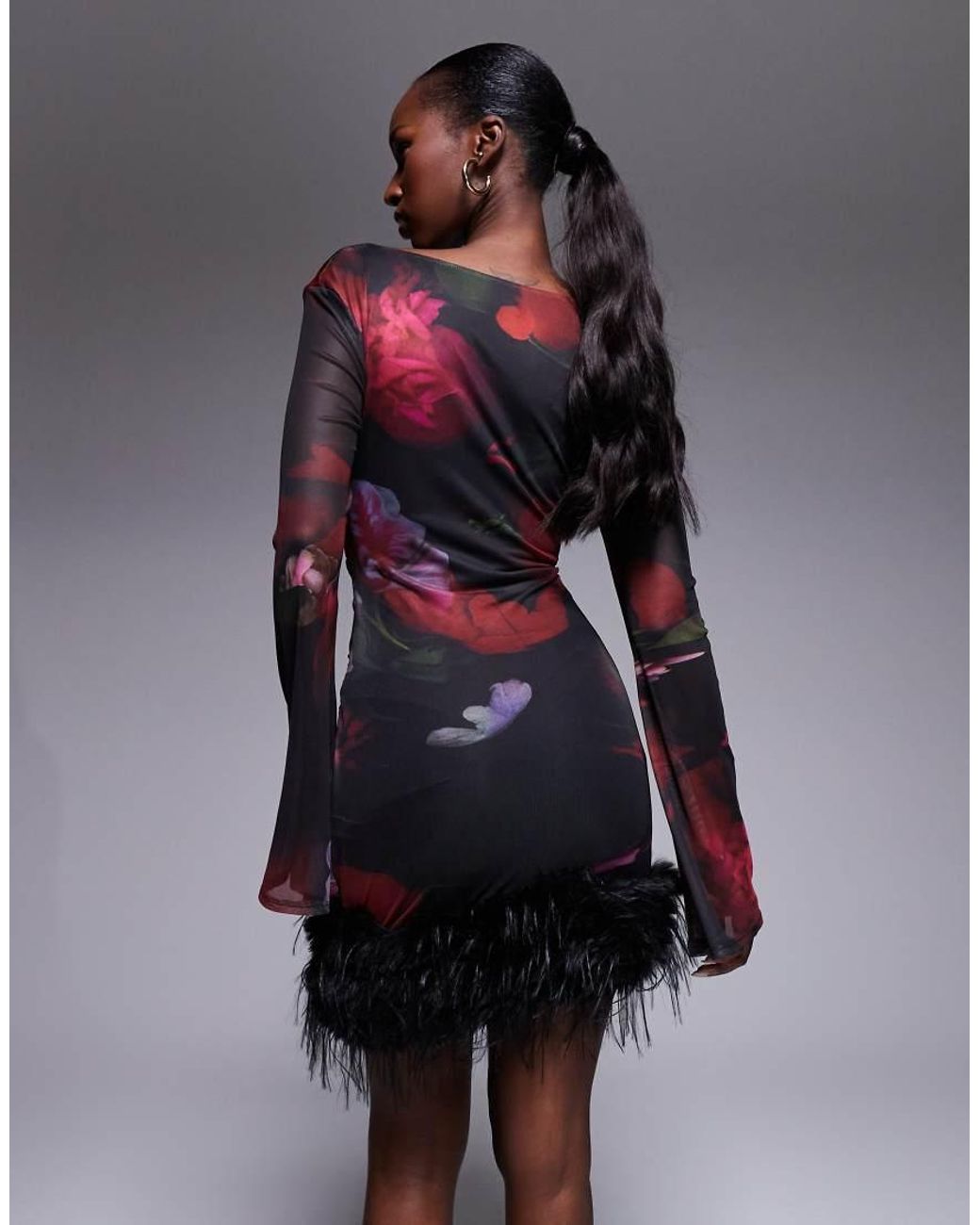 ASOS Multicolor Long Sleeve With Square Neck Mesh Mini Dress With Fur Trim Skirt