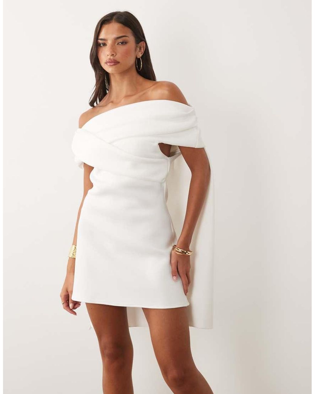 ASOS Natural Twisted Off The Shoulder Mini Dress With Cape