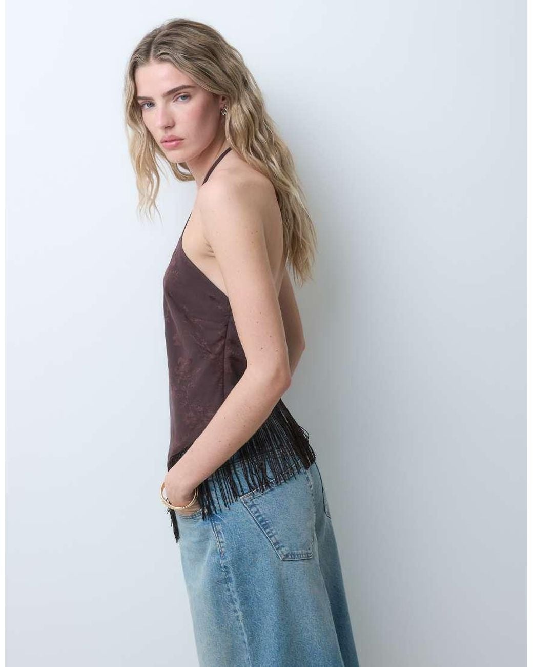 ASOS Blue Satin Halter Neck Tie Top With Fringe Detailing