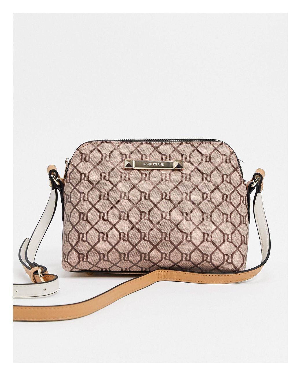 River Island Monogram Double Compartment Shoulder Bag in Cream (Natural