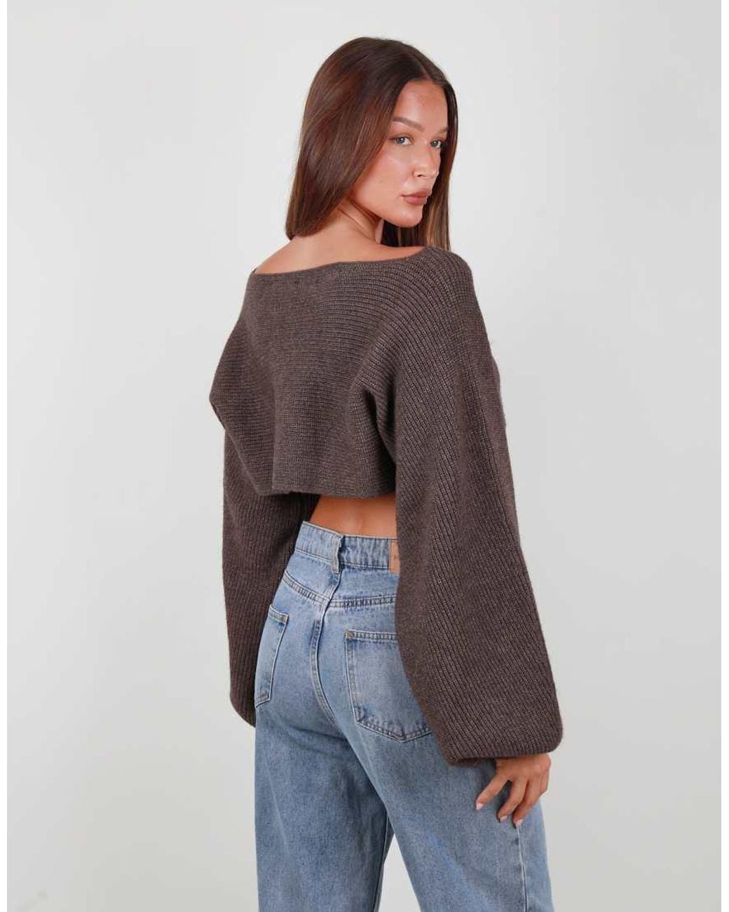 SIMMI Brown Balloon Sleeve Knit Crop Top