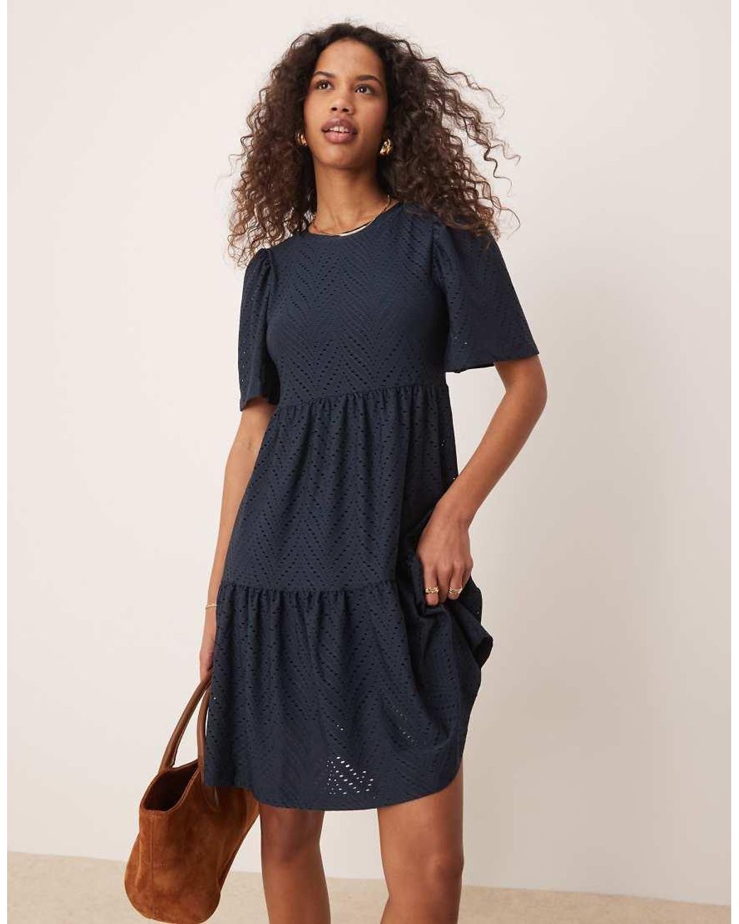 Jdy Blue Tiered Broderie Mini Dress