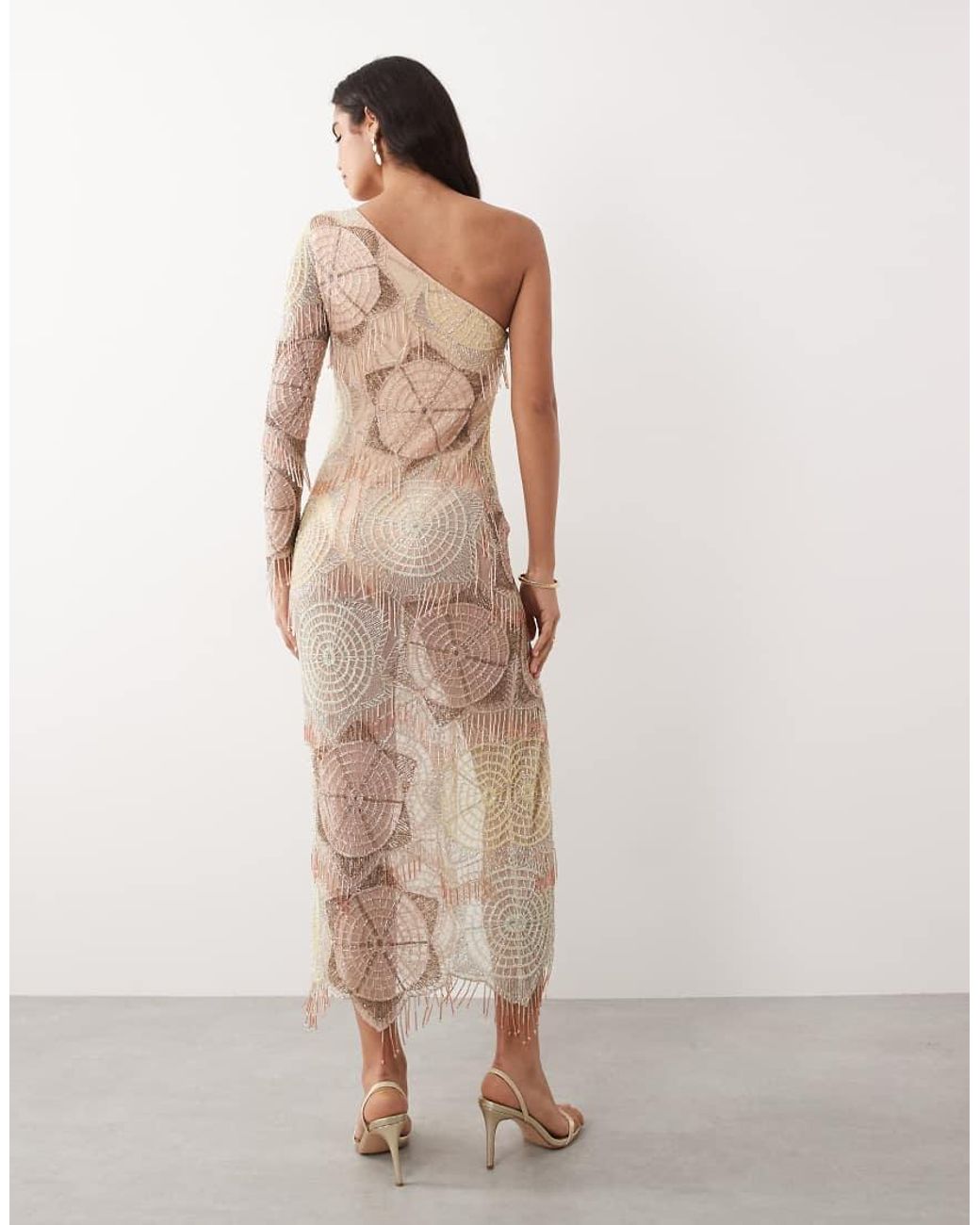 ASOS Brown Embellished Crochet One Shoulder Maxi Dress With Split