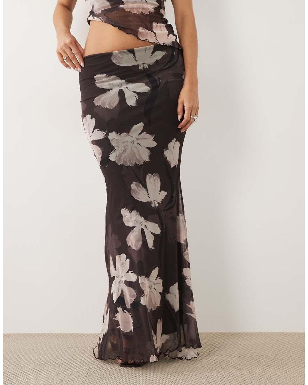 ASOS White Printed Mesh Drape Maxi Skirt