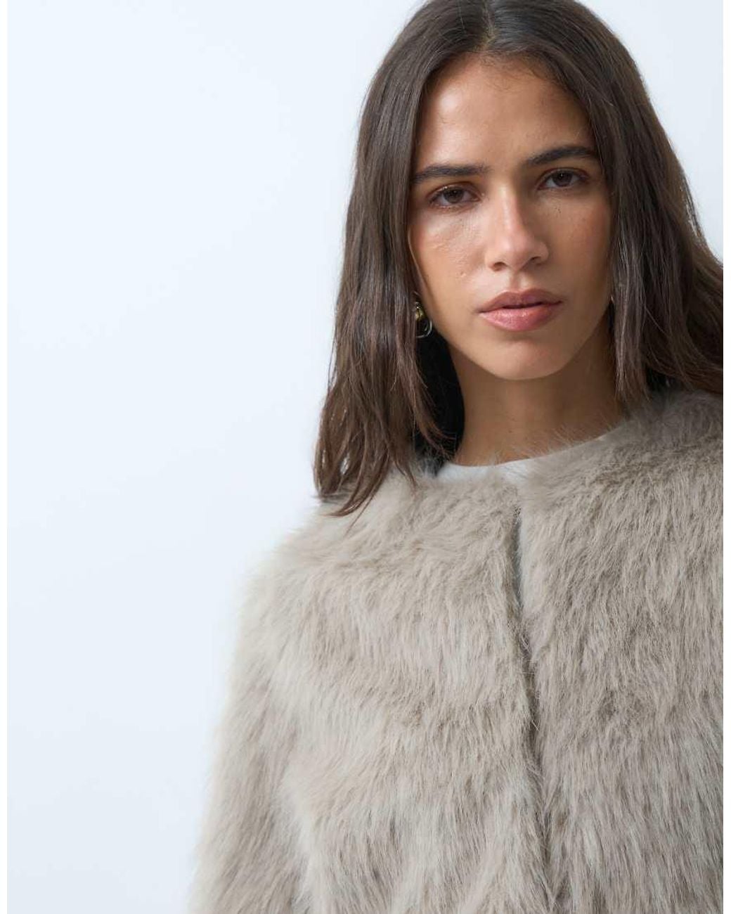 Mango Gray Faux Fur Collarless Jacket