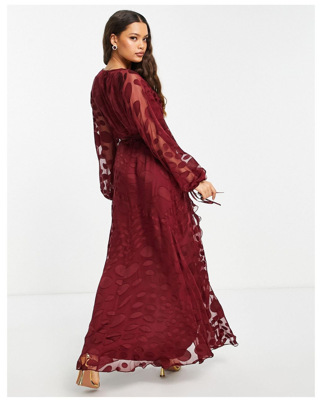 ASOS Asos Design Petite Satin Jacquard Warped Spot Wrap Maxi Dress With Tie  Waist in Red | Lyst