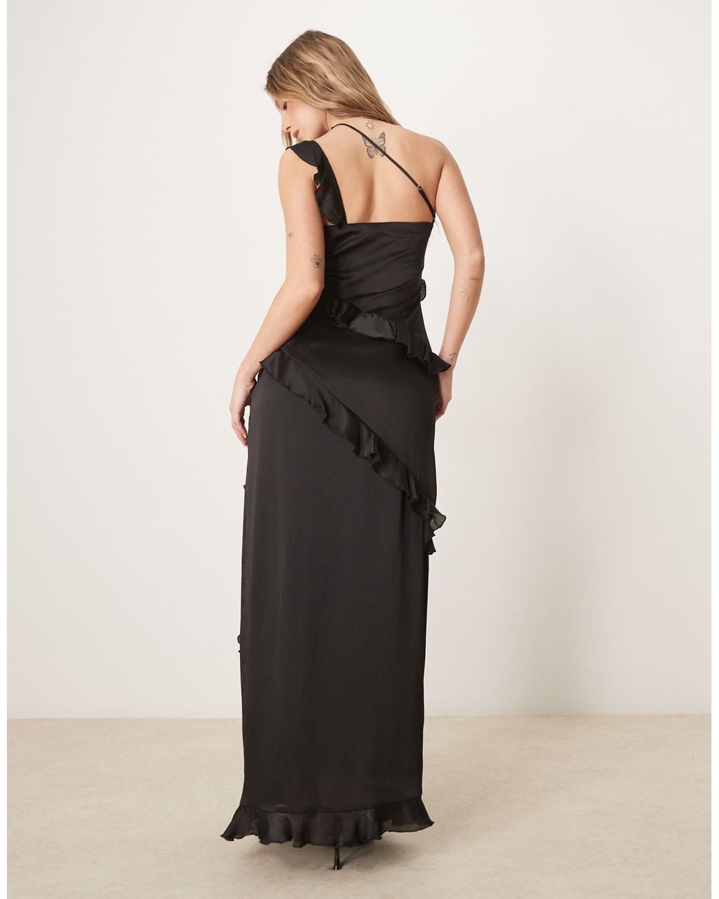 open lace back dress Mac Duggal - Black Sequin Ruffled One Shoulder Gown