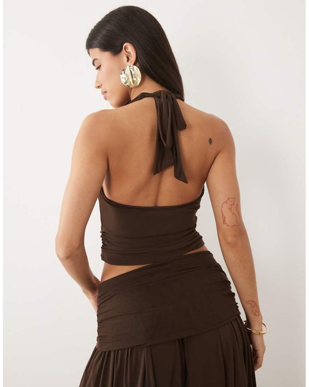 Wanderdoll Brown Jody Triple Mesh Cowl Tie Neck Crop Top Co-ord