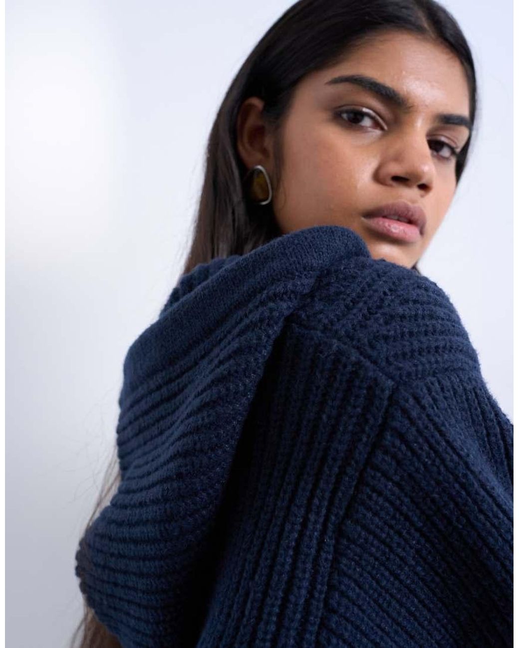 TOPSHOP Blue Knitted Button Through Shoulder Padded Hoodie
