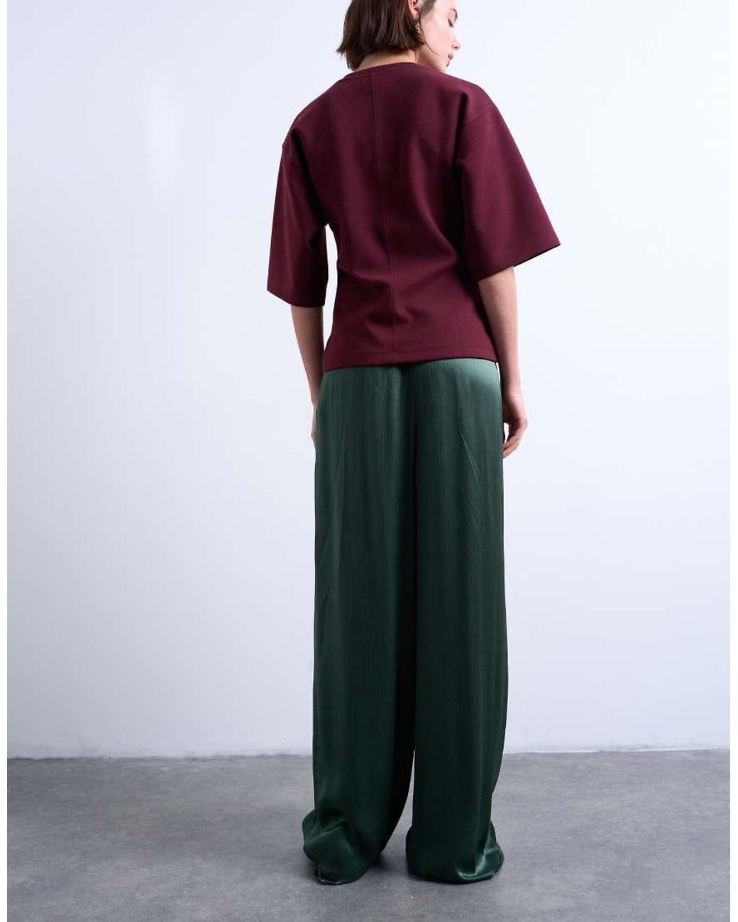 TOPSHOP Red Crinkle Satin Wide Leg Trouser