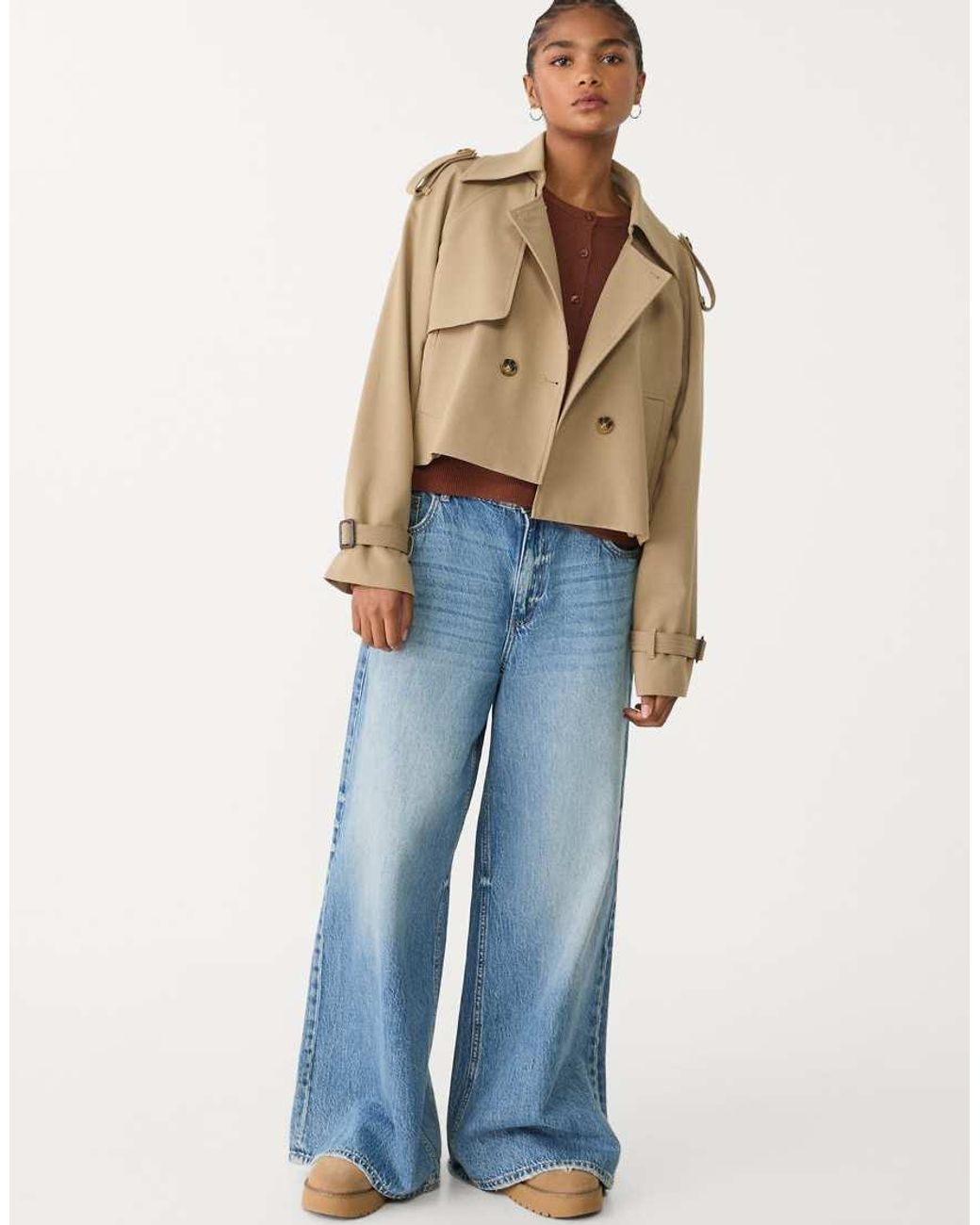 Stradivarius Natural Cropped Tailored Trench Coat