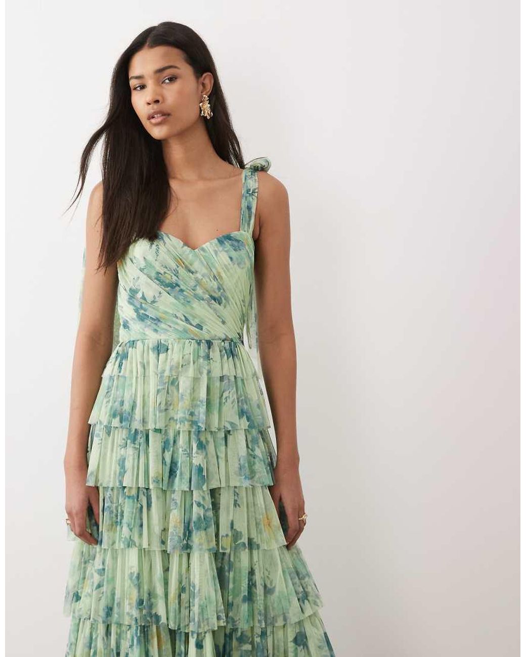 LACE & BEADS Green Bridesmaid Tulle Bow Shoulder Maxi Dress