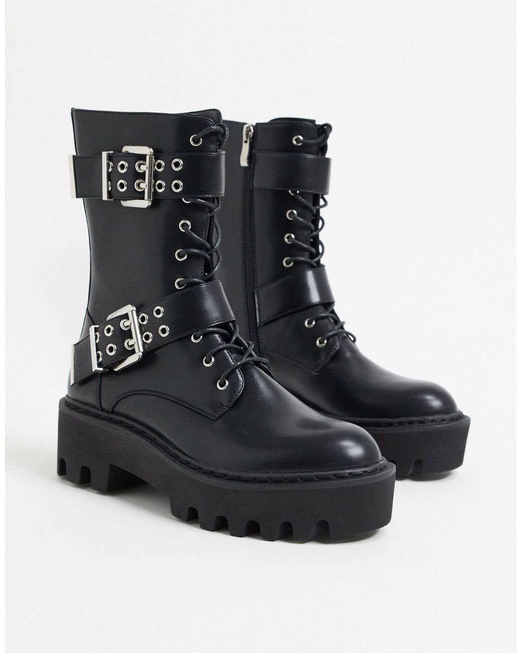 LAMODA Chunky Boots With Buckles in Black | Lyst Canada