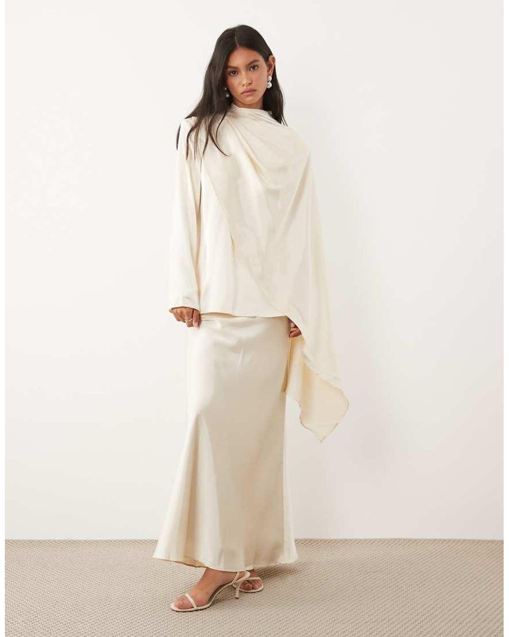 JW PEI Natural Satin Asymmetric Draped Cape Detail High Neck Top Co-Ord