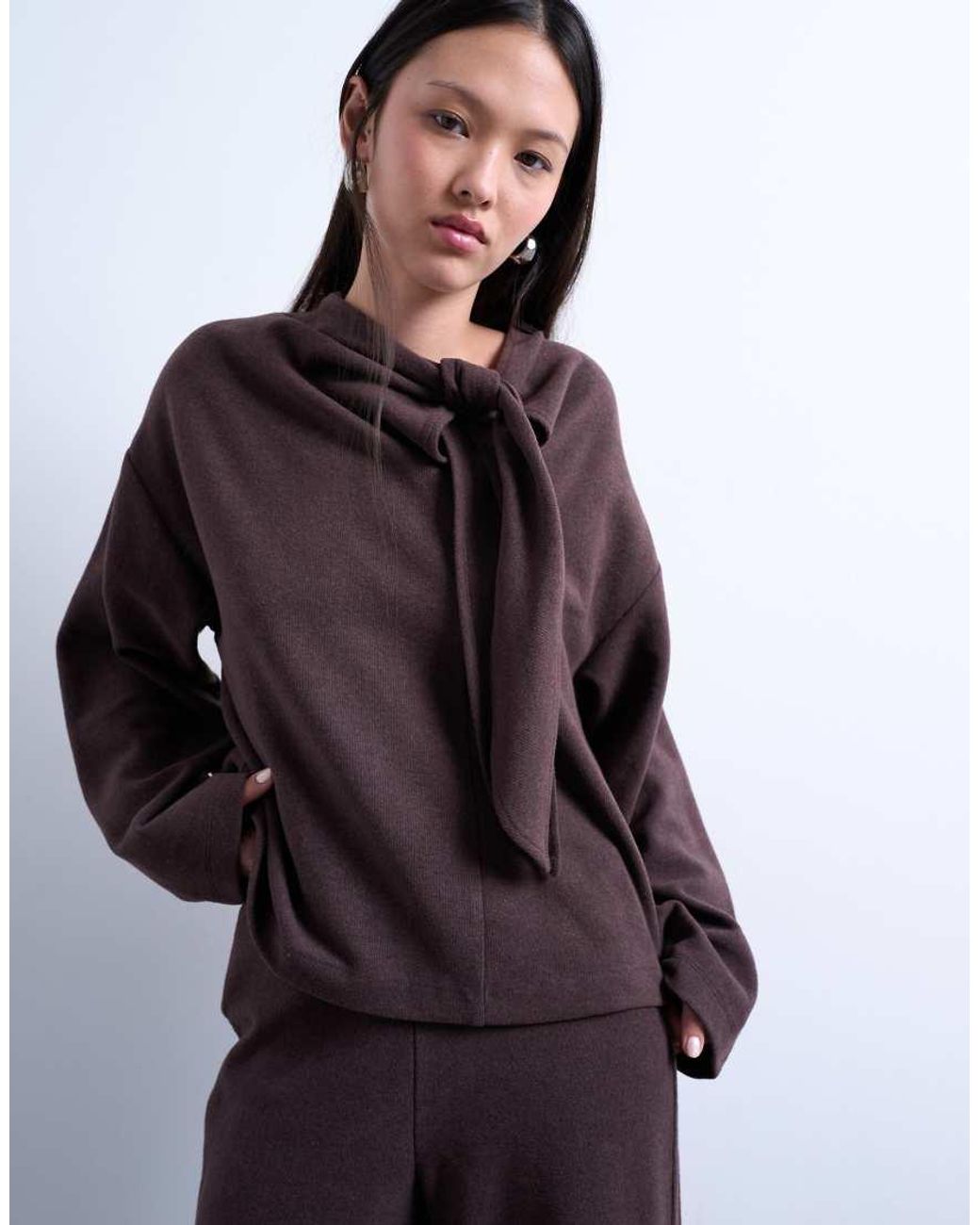 TOPSHOP Brown Neck Tie Long Sleeve Tee Co-ord