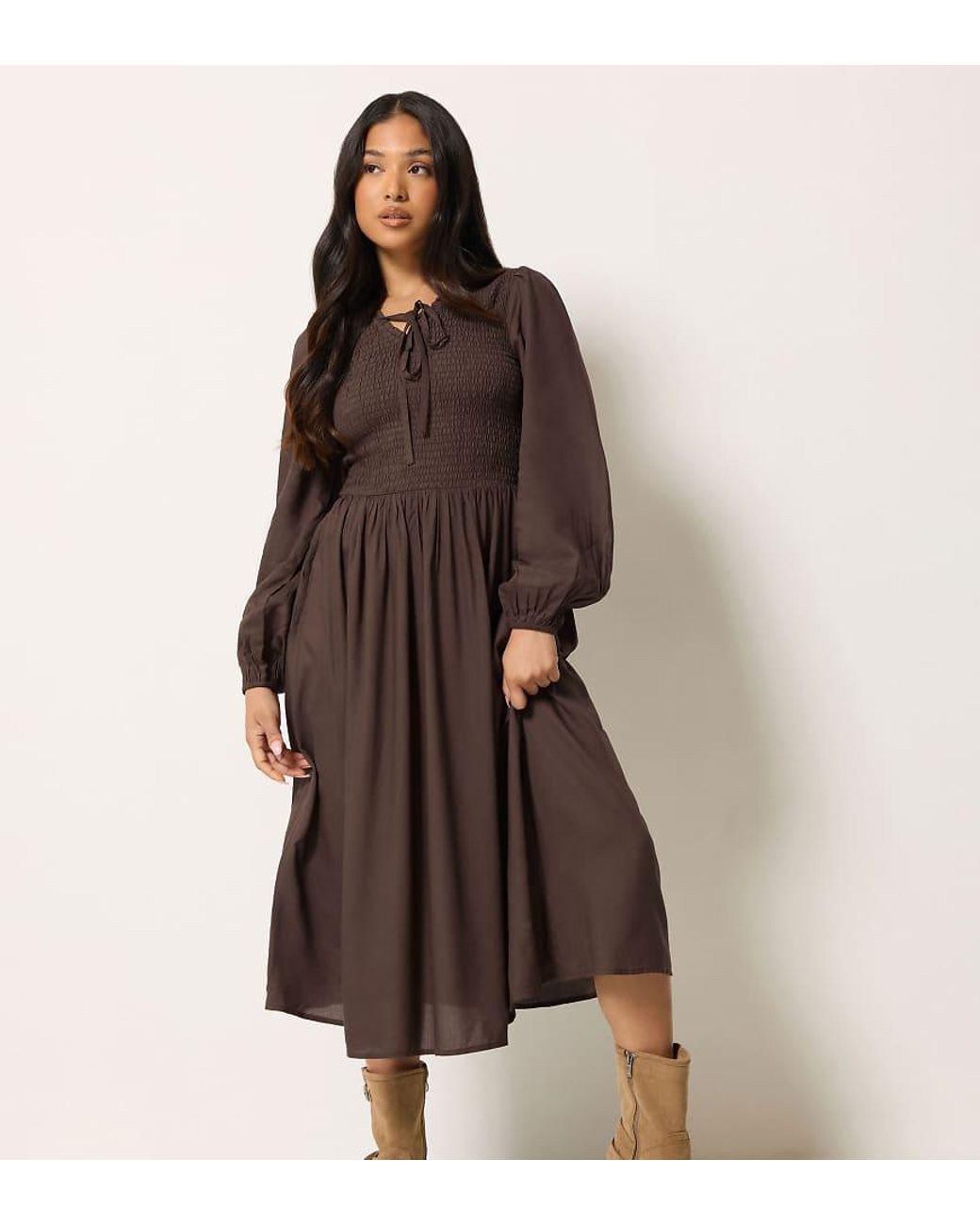 PixieGirl Brown Petite Shirred Midi Dress