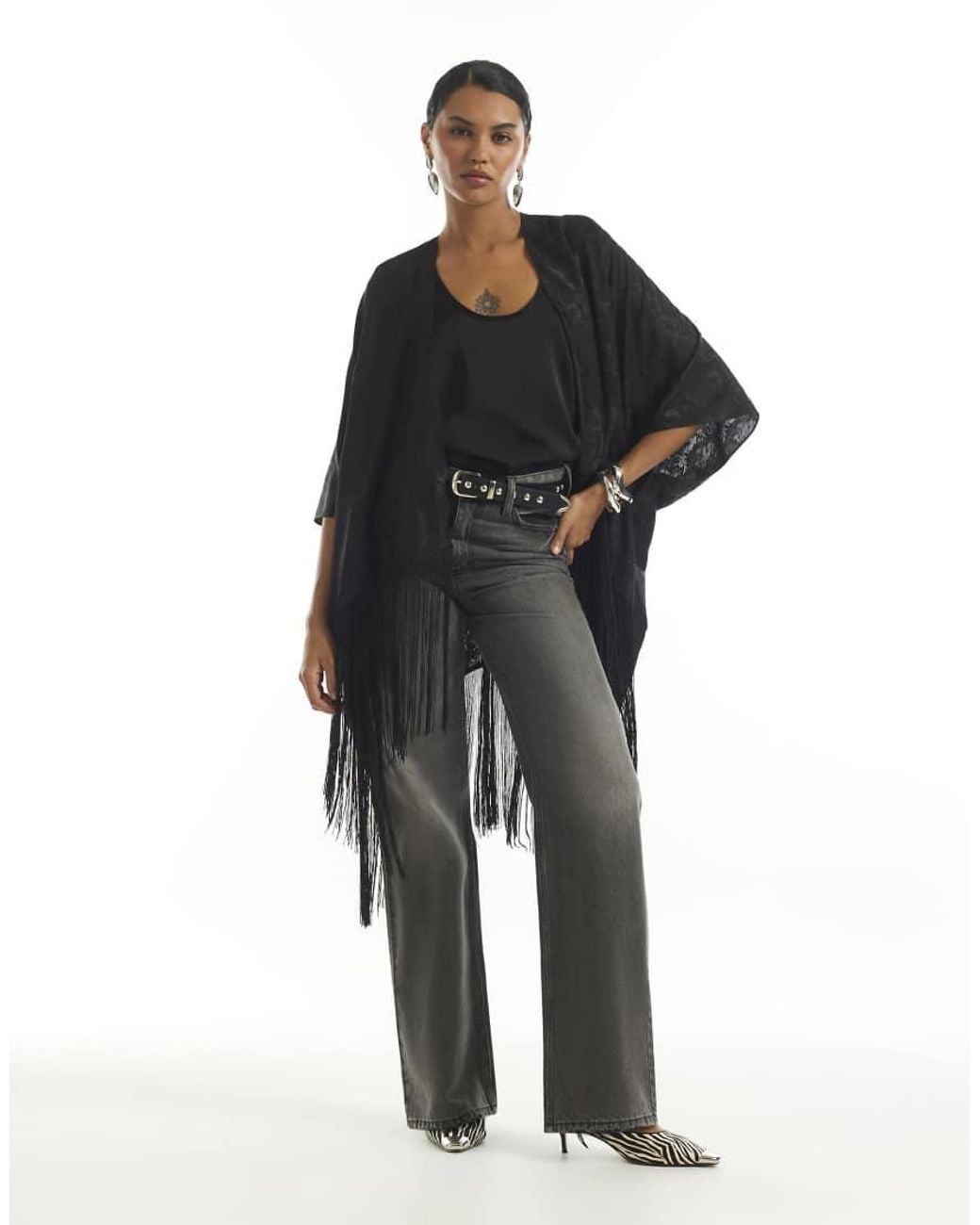 River Island Black Jacquard Tassel Trim Kimono