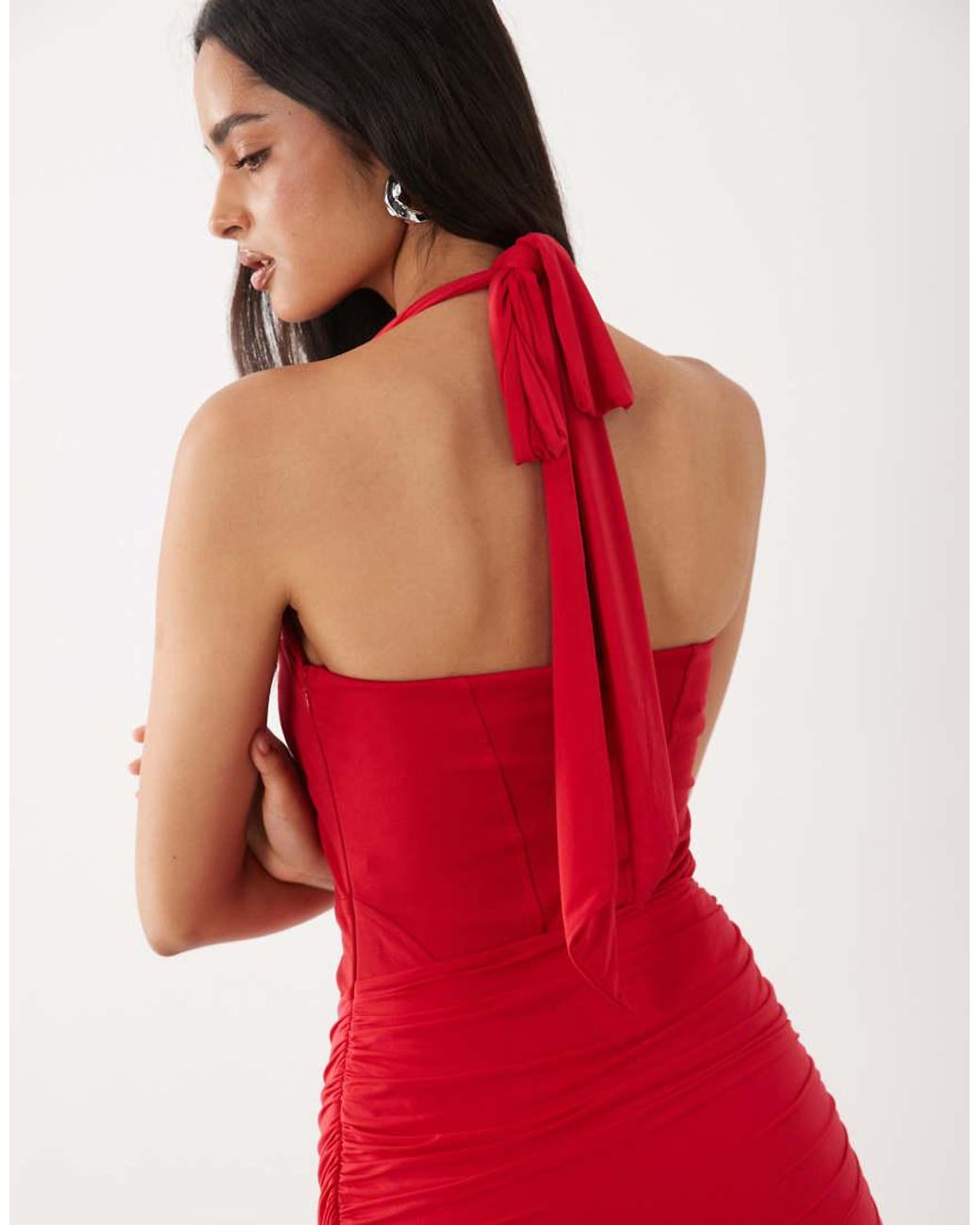 Oh Polly Red Modal Halter Neck Bodice Ruched Crossover Skirt Detail Mini Dress