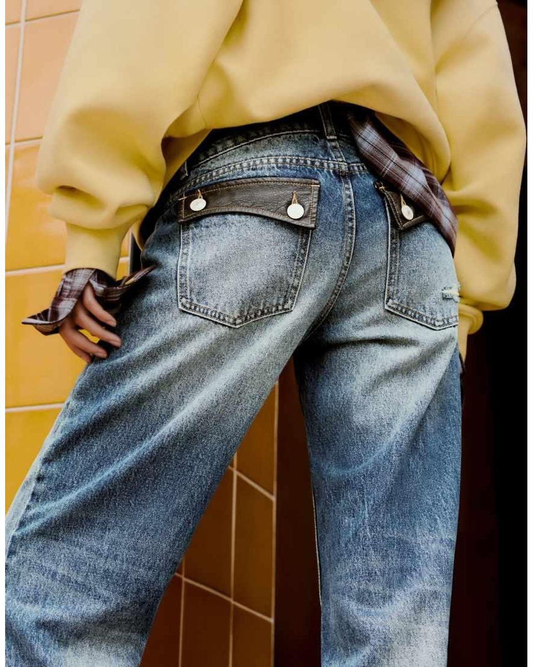 Bershka Blue Jeans With Leather-effect Details